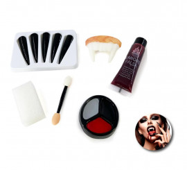 Vampir-Make-up-Set: Nägel, Zahnersatz, Bluttube, Schwamm, Pinsel und Palette