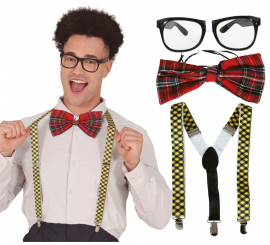 Kit de Nerd Colegial adulto: Gafas, pajarita y tirantes