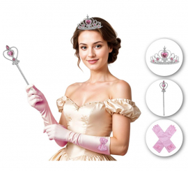 Kit de Princesa rosa adulto: Guantes, Corona y cetro