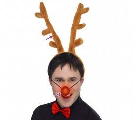 Kit de Reno: Cuernos, Nariz con luz y Pajarita