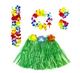 Green Hawaii Kit: Skirt, Necklace, Bracelets and Headdress