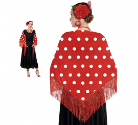 Red Sevillana or Chulapa Shawl with white polka dots, 150x60 cm