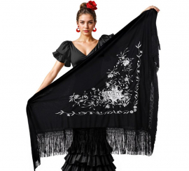 Black shawl with white embroidery 200x95 cm