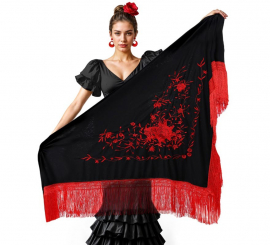 Black shawl with red embroidery 200x95 cm