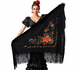 Black shawl with red and gold embroidery, 200x95 cm