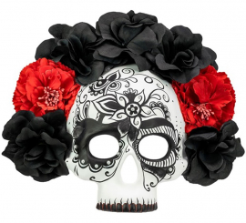 Máscara de caveira do Dia dos Mortos com rosas pretas e vermelhas