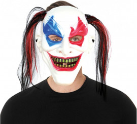 Zweifarbige Clownmaske mit Plastikzöpfen