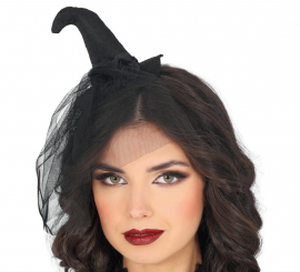 Mini chapéu de bruxa preto com véu preto