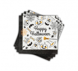 Pack de 12 Servilletas Happy Halloween Print blanco y negro de 33x33 cm