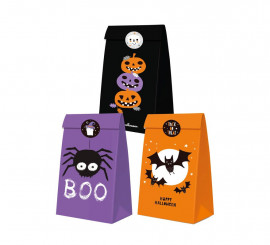 Pack de 3 Bolsas Halloween con pegatina de papel en colores surtidos de 24x13x8 cm