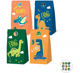 Pack de 4 Bolsas Papel de Dinosaurios con Pegatinas