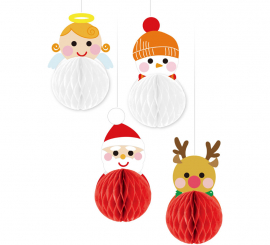 Pack de 4 Colgantes Panal de Muñecos de Navidad