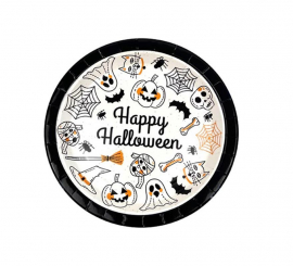 Packung mit 6 schwarzen und weißen Tellern mit Happy Halloween-Aufdruck von 18 cm