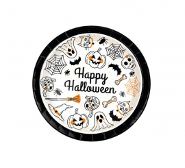 Packung mit 6 schwarzen und weißen Tellern mit Happy Halloween-Aufdruck von 23 cm