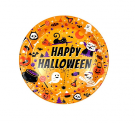 Packung mit 6 orangefarbenen Tellern mit Happy-Halloween-Aufdruck von 23 cm