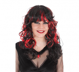 Black long hair wig with black and red curls