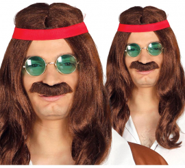 Hippie wig with ribbon and mustache