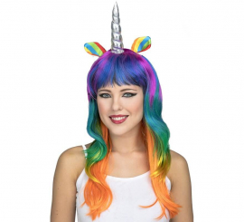 Peruca unicórnio multicolor com chifre e orelhas