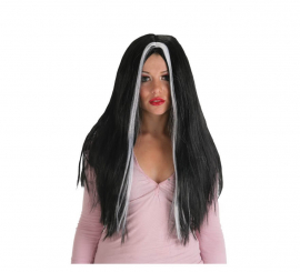 Long black Morgana wig with white highlights