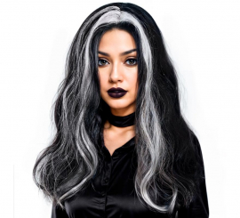 Black wavy wig with white highlights