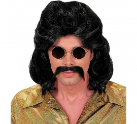 Black 70s Wig and Mustache
