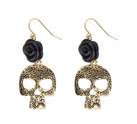 Pendientes de Calavera Dorada con Rosa Negra