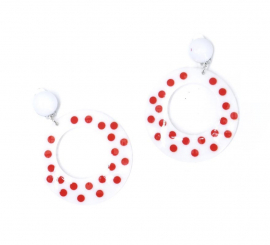 Medium white oval earrings with red polka dots