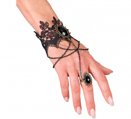 Gothic Lace Bracelet with Ring and Gems