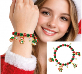 Pulsera roja y verde con Colgantes de Elfo y Muñeco de Nieve
