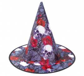 Cappello da strega con stampa di teschi e rose grigi