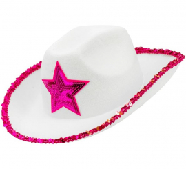 Chapéu de Cowgirl Branco com Lantejoulas Rosa