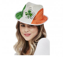 Sombrero del Día de San Patricio de lentejuelas con trébol y la bandera de Irlanda