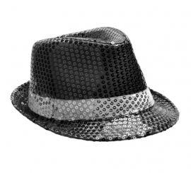 Black Sequin Gangster Hat with White Band