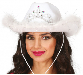 Sombrero Vaquero con boa blanco de fieltro adulto