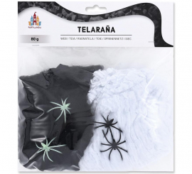 Teia de aranha preta e branca com 4 aranhas de 80 gr.