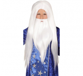 Wig with white beard for children of wizard or druid