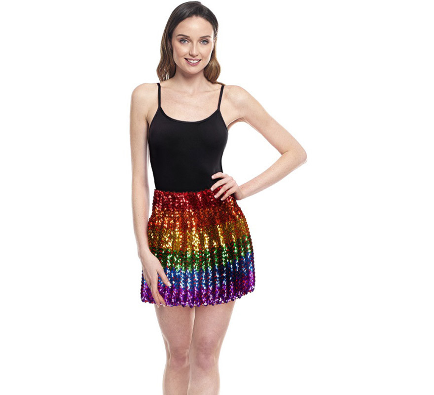 Minigonna da donna con paillettes arcobaleno