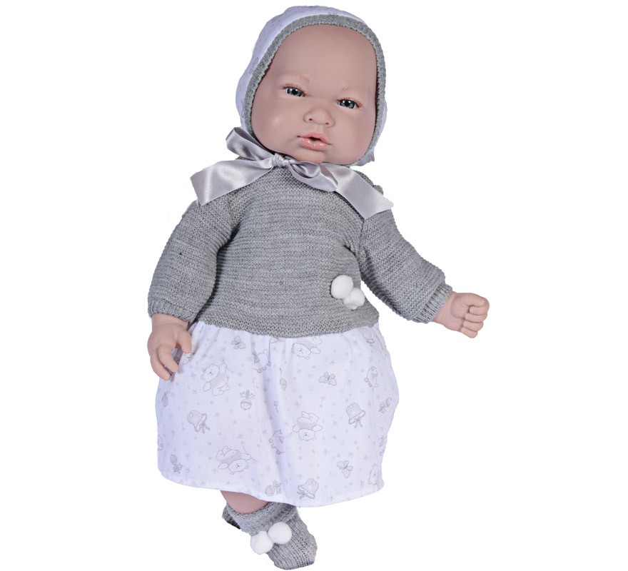 Boneca Alex renascida com vestido cinza 45 cm