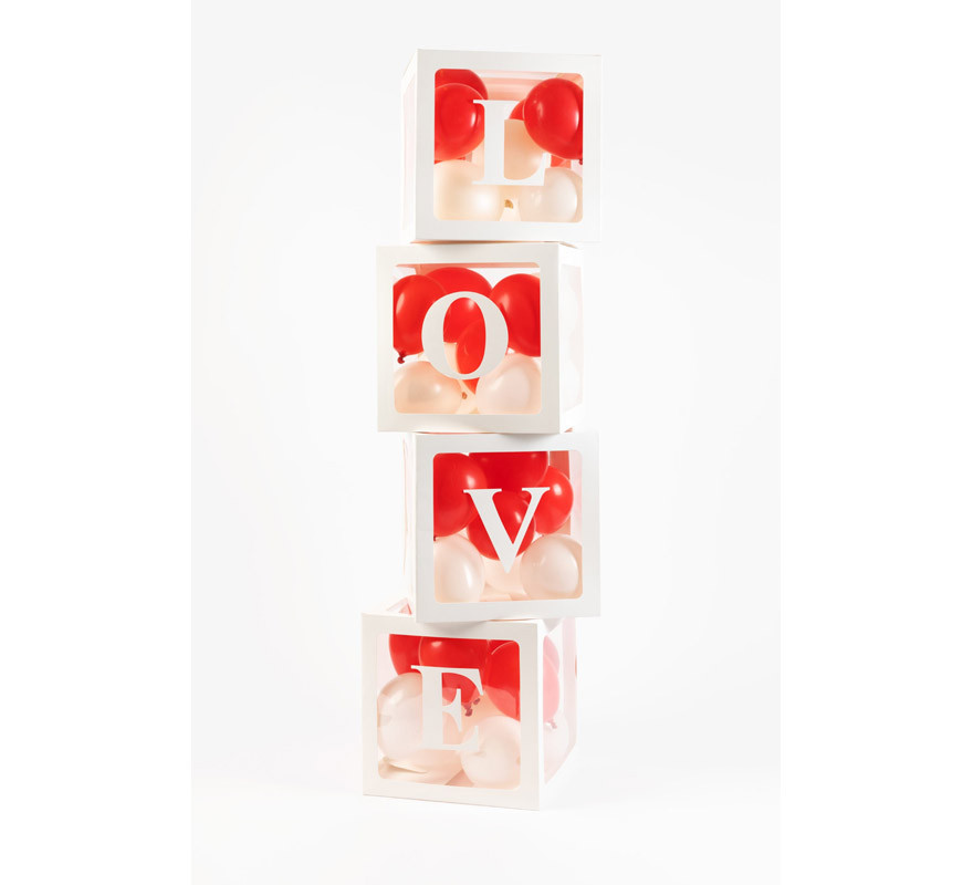 Confezione 4 scatole decorative con adesivi LOVE e BABY da riempire con  palloncini