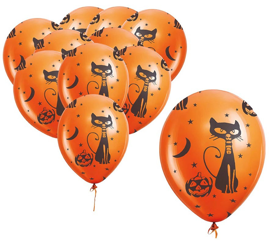 Pack of 10 Cat and Pumpkin Balloons 30 cm