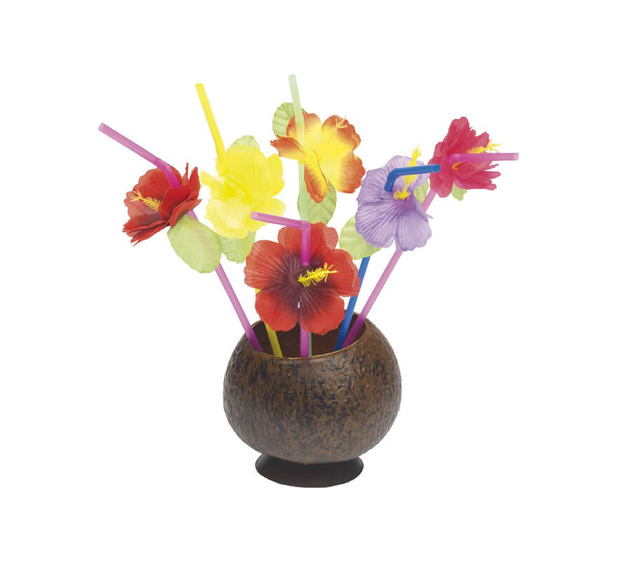 Pack de 12 pajitas o cañitas hawaianas con flor en colores variados