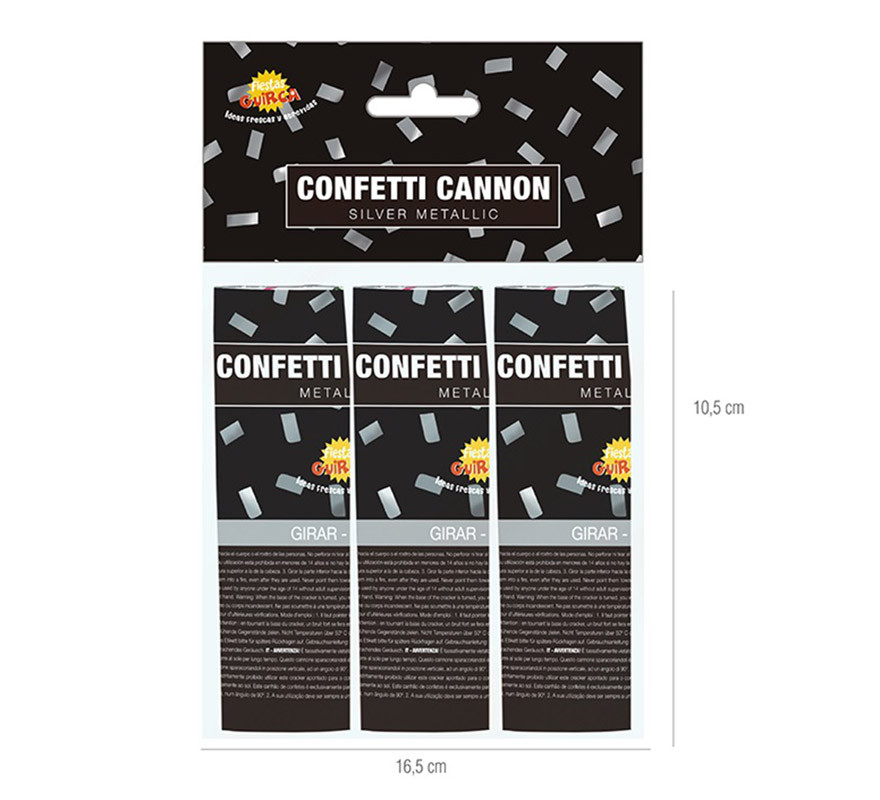 Pack of 3 Kabuki Confetti Silver Cannons of 10.5 cm