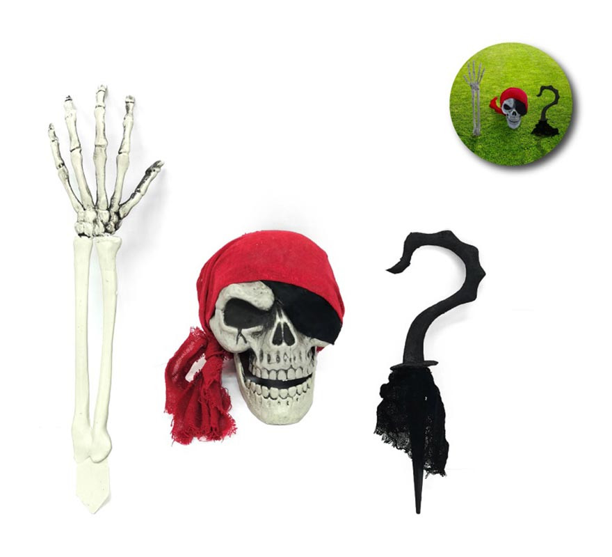 Pack of 3 decorative pieces: Skull, skeleton arm and hook 40 cm