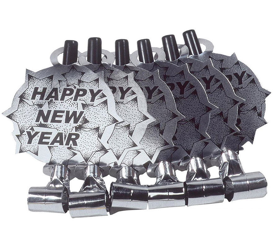 Pack of 6 Silver 'Happy New Year' Noise blowers for New Year's Eve