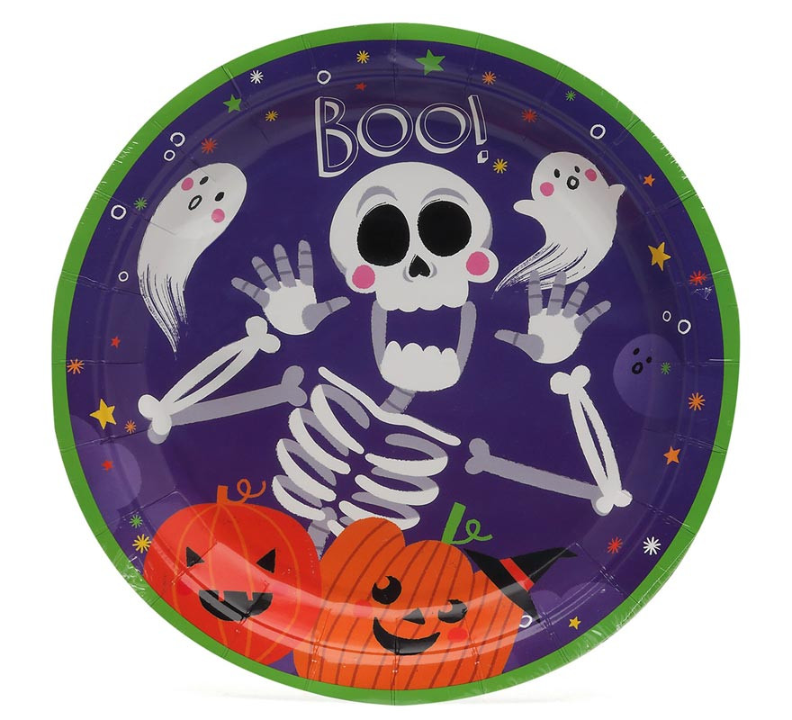 Pack of 6 Skeleton Boo paper plates of 23 cm