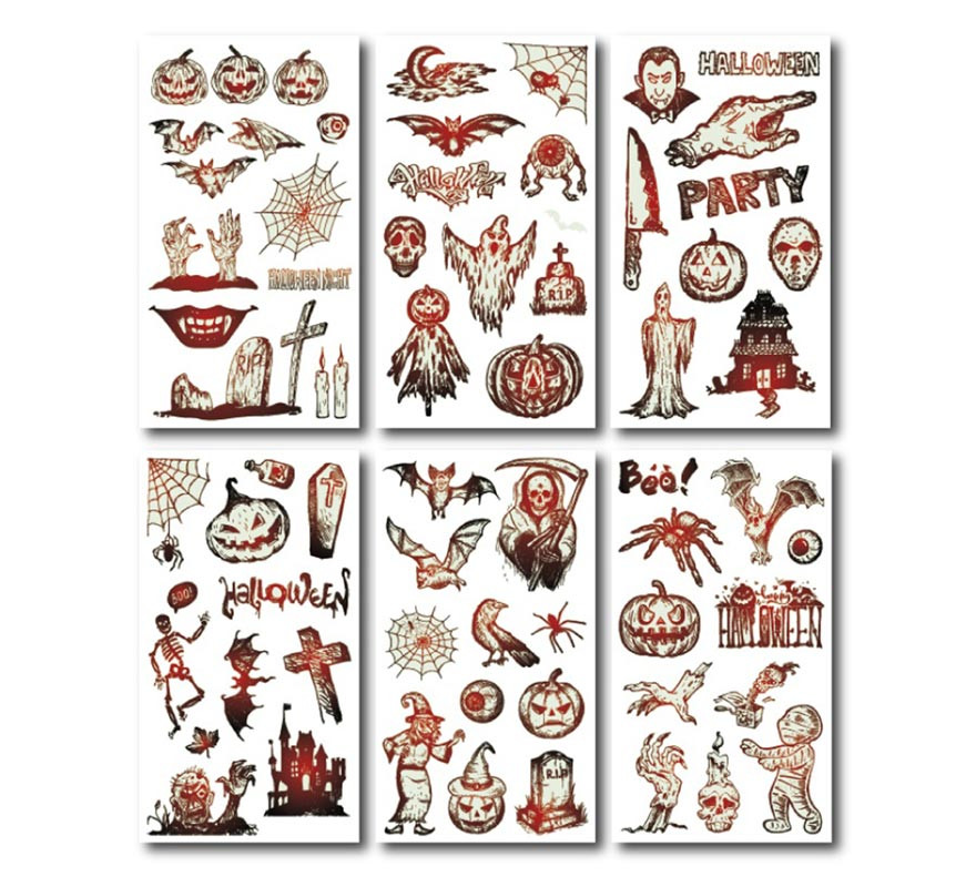 Pack of 6 luminescent Halloween tattoos in assorted models of 6.8 cm