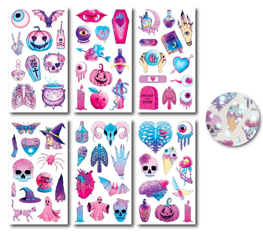 Pack of 6 pink glitter Halloween tattoos in assorted models of 6.8 cm