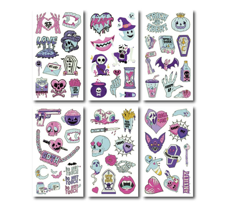 Pack of 6 purple luminescent tattoos in assorted models of 6.8 cm