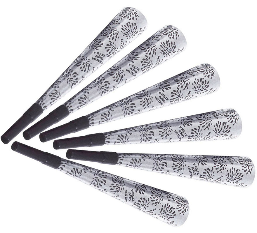 Pack of 6 Silver 'Happy New Year' Trumpets of 25 cm for New Year's Eve