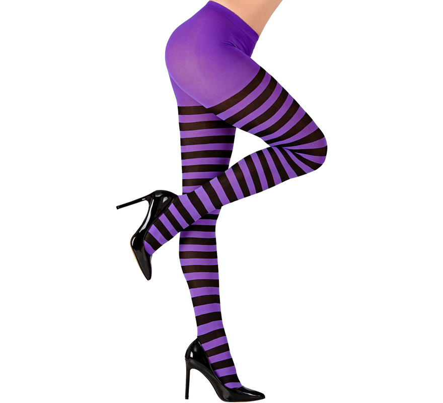 Purple tights with black stripes, 70 denier for women